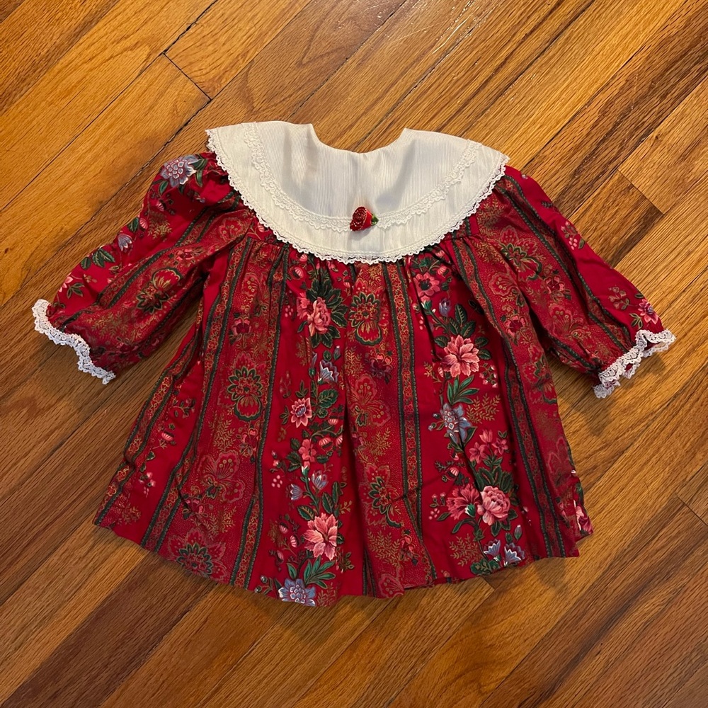 Vintage Floral Red Baby Dress with Lace Collar